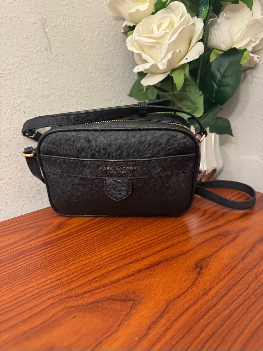 Marc Jacobs Black Saffiano Leather Crossbody Camera Bag with Gold Accents
